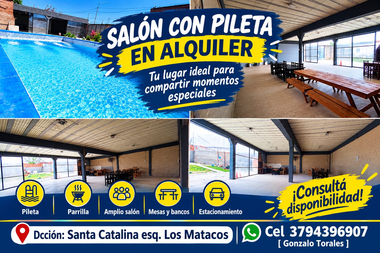 Tu lugar para compartir momentos especiales. Salón con pileta en Alquiler.