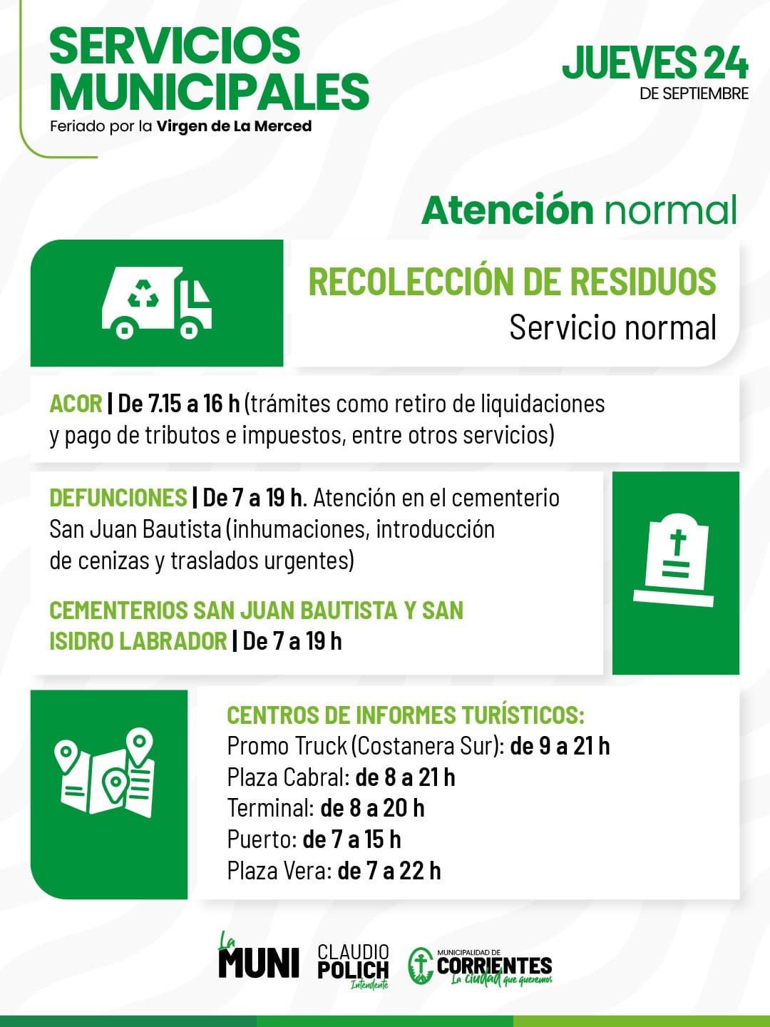 Feriado por la Virgen de La Merced: cómo funcionarán los servicios municipales este jueves