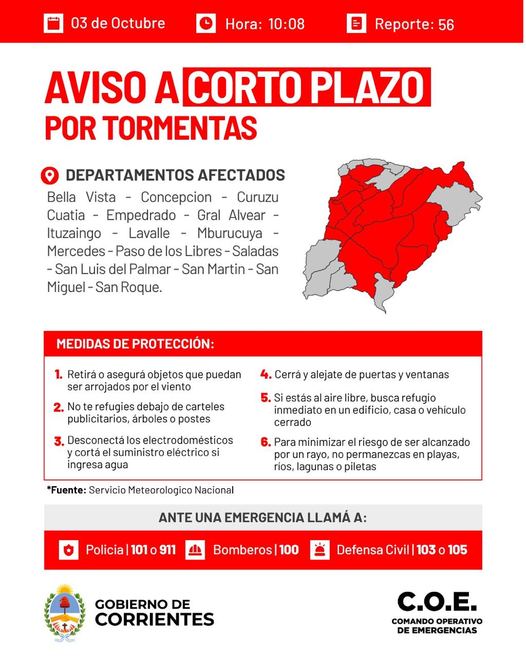 Corrientes mantiene la doble alerta por tormentas fuertes durante este sábado