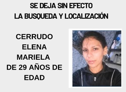La Policía informó que fue localizada sana y salva Elena Mariela Cerrudo